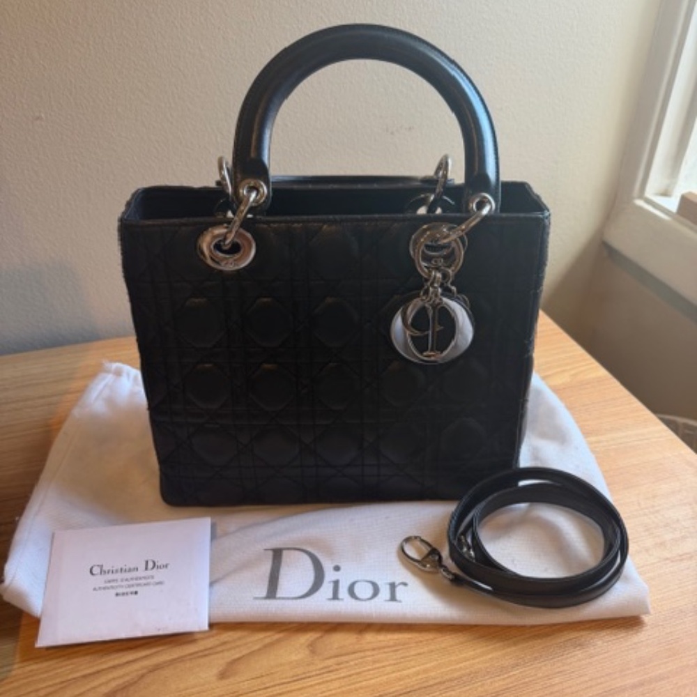 Christian Dior Medium lady Dior Black Cannage Lambskin Bag Silver Hardware